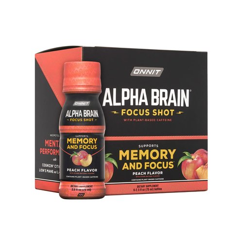 ONNIT Alpha Brain Focus Energy Shot Supplement - Energy, Focus, Mood, Stress, Brain Booster Drink - Peach (2.5 fl oz, 6 ct)
