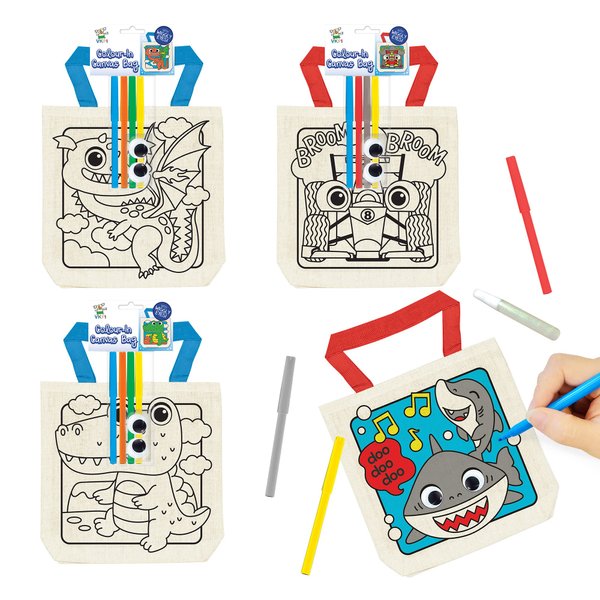 VKPI 8 Pieces Kids Coloring Goodie Bags, Reusable Canvas Bag, Cute Art Party Favors, Color Your Own Bags for DIY Painting Birthday Carnival Celebration, Party Supplies Gift, Boys
