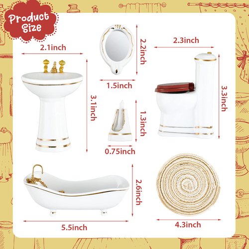Skylety 6 Pieces 1:12 Dollhouse Bathroom Set Porcelain Dollhouse Miniature Furniture Toys Ceramic Dollhouse Toilet Basin Bathtub Mirror Doll Dollhouse Bathroom Accessories