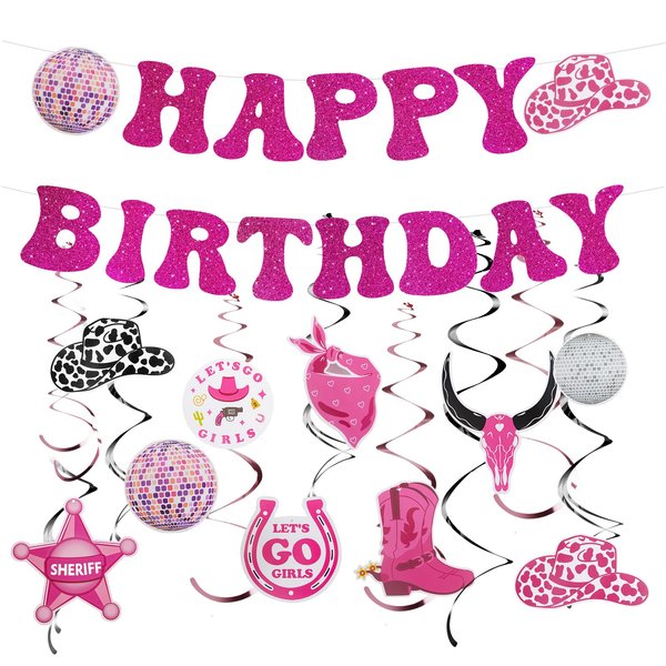 Western Cowgirl Party Hanging Decorations,Disco Cowgirl Birthday Party Decorations Hot Pink Happy Birthday Banner Disco Cowgirl Hanging Swirls Bachelorette Party Decor Supplies