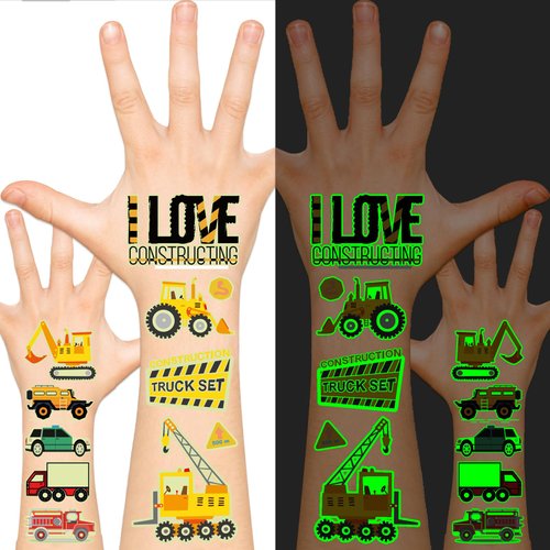 EMOME Glow Tattoos for Kids, Fake Tattoos Stickers for Boys and Girls, Luminous In The Dark Temporary Tattoos Kids, Children Glow Birthday Party Supplies Goodie Bags Stuffers (Construction)