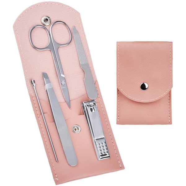 HANTEKAS Travel Manicure Set Professional Nail Clipper Kit-5 Pieces Stainless Steel Manicure Kit, Women Men Grooming kit With Nail Care Tools Beauty Scissors Tweezers (Silver Pink)