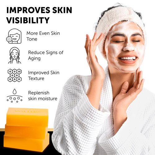 VALITIC Kojic Acid Dark Spot Remover Soap with Turmeric, Vitamin C, Retinol - Original Japanese Complex with Hyaluronic Acid, Vitamin E, Shea Butter, Castile Olive Oil - 3 Pack and African Net Sponge