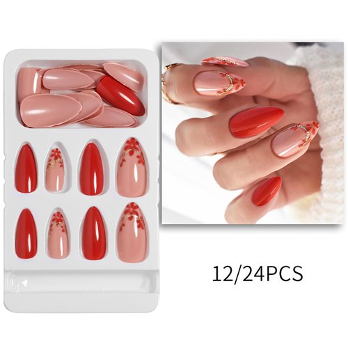 Fall Press on Nails Medium Almond SWEKKE French Fake Nails Red Full Cover Flower Glue on Nails Glitter Glossy False Nails with Designs Stick on Nails Artificial Acrylic Nails for Women Girls 24 Pcs