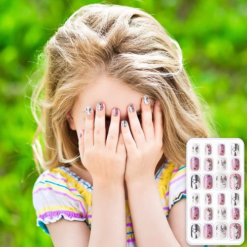 Pumkryth False Nails Press on Nails for Kids-Self-adhesive Fake Artificial Full Cover Acrylonitrile Butadiene Styrene Nail Art Kits Nail Glue Tabs for Girls Children