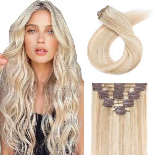 Hairro 100% Human Hair Clip in Extensions Thin Highlight Straight Clip on Hairpieces 22 Inch Long 75g Machine Weft 8pcs 18 Clips for Women #18P613 Balayage Ash Blonde Mix Bleach Blonde