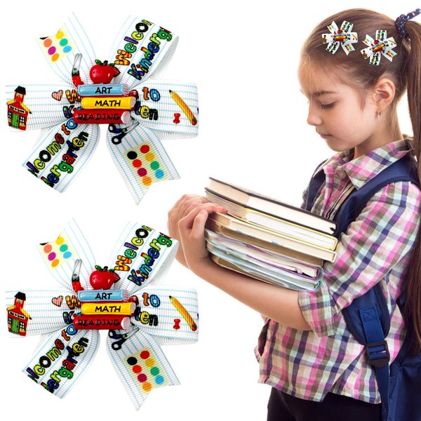 Back to School Bow Hair Clips Welcome Back to School Hair Clips Cute Apple Book Bow Clips for girls Alligator Clips for First Day of School Kindergarten Hair Accessories 2Pcs (Apple Books)