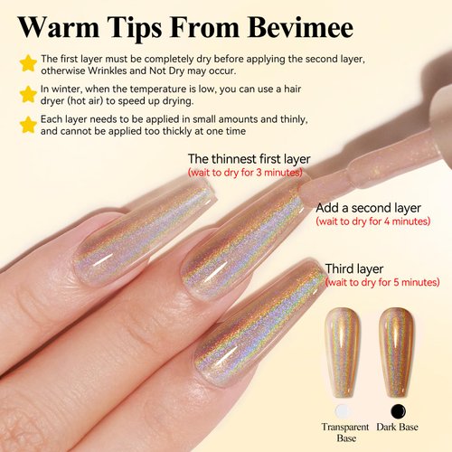 Bevimee Holographic Nail Polish 12ML Air Dry Fast Iridescent Shimmer Glitter Nail Polish Chameleon Champagne Holo Laser Pearl Nail Polish Nail Art-No Require Cured 1PC