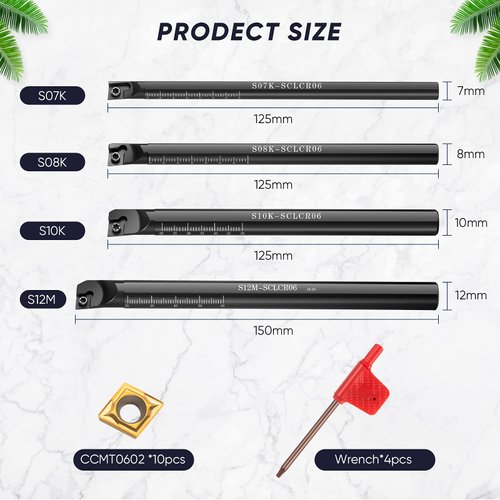 14 Pieces Lathe Boring Bar Set 4 Pieces 95 Degree S07K/ S08K/ S10K/ S12M-SCLCR06 Lathe Boring Internal Turning Bar Holder with 10 Pieces CCMT0602 Carbide Inserts and 4 Pieces Wrench