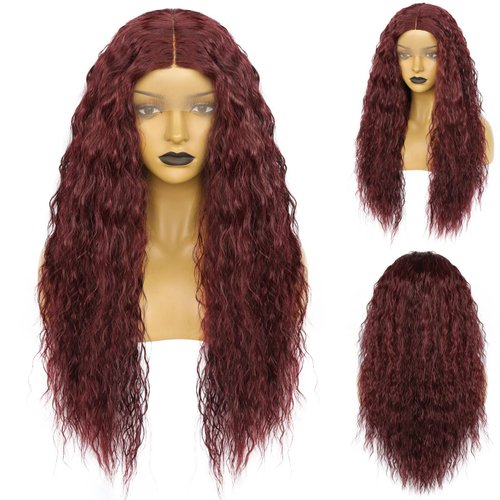 Ebingoo 28 Inch Wine Red Curly Lace Front Wigs + Wig Cap Long Lace Front Wigs Burgundy Wig Curly Lace Front Wigs Synthetic Hair Heat Resistant Wig for Women Girls Daily Wear Halloween Party