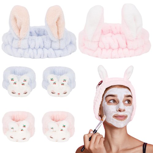 ACO-UINT 6Pcs Spa Headbands and Wrist Washbands Set, Bunny Ear Headbands for Washing Face Make Up Headbands, Skincare Headbands Easter Rabbit Face Wash Headbands for Women Girls