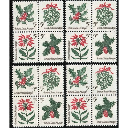 1964 VINTAGE CHRISTMAS HOLIDAY FOLIAGE ~ MISTLETOE ~ EVERGREENS ~ POINSETTIA ~ HOLLY ~ 16 NEW POSTAGE STAMPS (#1257 Lot of Four Blocks of 5¢ Stamps Total 16 Stamps) Ready to use on your Christmas