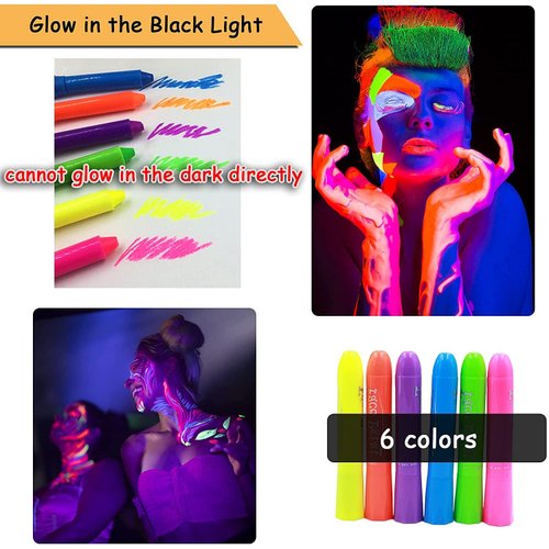 6 Pcs Glow in The Light Body Face Paint, Face Painting Kit, UV Crayon Kit Fluorescent Body Paints for Adults for Birthday Party Halloween Masquerade Makeup Outdoor for Kids