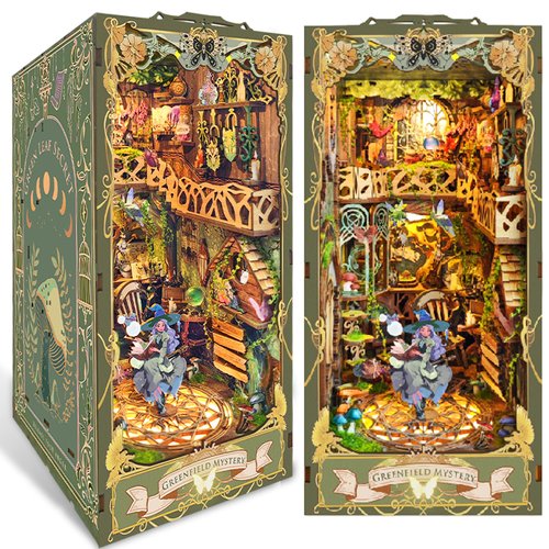 DIY Book Nook Kit, DIY Miniature Dollhouse Kit for Adults and Teens, Book Nook Bookshelf Insert Decor 3D Wooden Puzzle Bookend Miniature Kit with Sensor Light Creative Craft (Green Fairyland)
