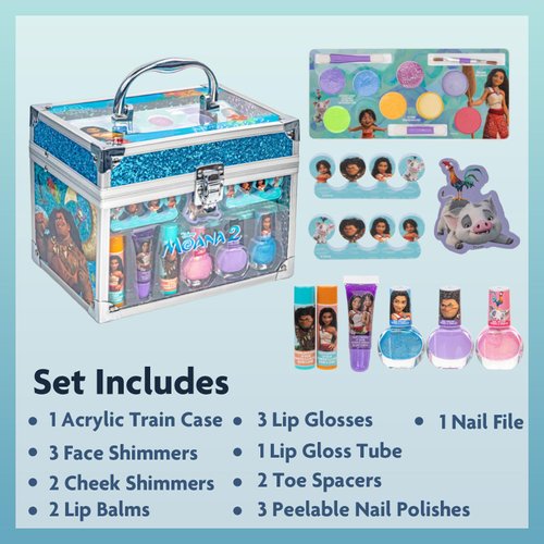 Moana 2 Train Case Beauty Set, Kids Makeup Kit for Girls, Real Washable Makeup Set, Play Makeup, Pretend Play, Party Favor, Birthday, Ages 3 4 5 6 7 8 9 10 11 12 by Townley Girl