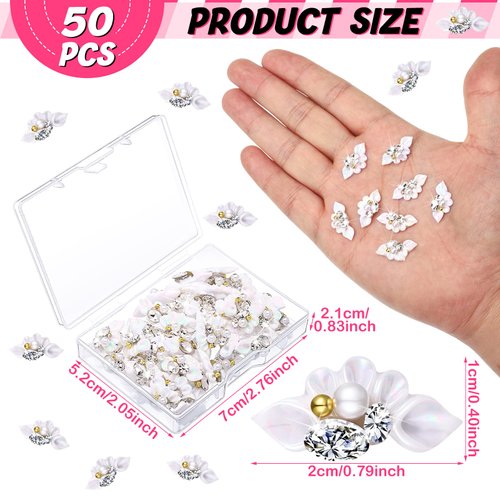 50 Pcs 3D Acrylic Flower Nail Charms Flowers Star Nail Charm for Nail Gems and Rhinestones with Pearl Beads Crystals Nail Blossom Spring Nail Supplies for DIY (White, Flower Style)