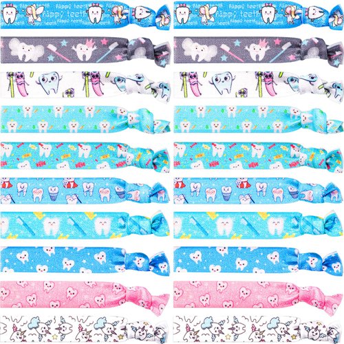 BBTO 20 Pieces Tooth Patterned Hair Ties Dental Hair Accessories Elastic Ribbon Ponytail Holders No Crease Hair Bands for Women Girls, Dental Hygienist Gift