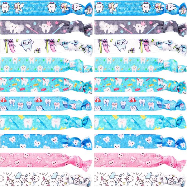 BBTO 20 Pieces Tooth Patterned Hair Ties Dental Hair Accessories Elastic Ribbon Ponytail Holders No Crease Hair Bands for Women Girls, Dental Hygienist Gift