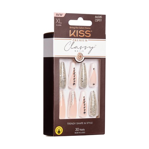 KISS Classy Press On Nails, Nail glue included, 'Sophisticated', Silver, Extra-Long Size, Coffin Shape, Includes 30 Nails, 2g glue, 1 Manicure Stick, 1 Mini File