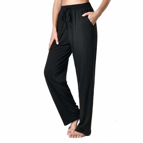 LNJE BETTER AND BETTER Women's Drawstring Pants, Wide Leg Yoga Sweatpants Comfy Loose Straight Lounge Pants with Pockets-Black, XXL