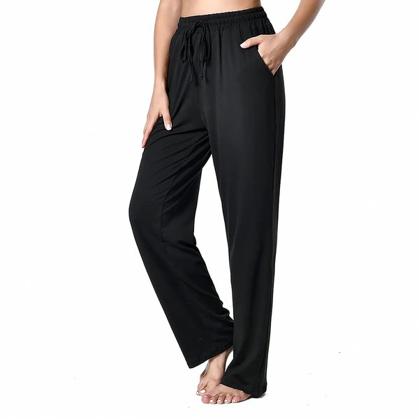 LNJE BETTER AND BETTER Women's Drawstring Pants, Wide Leg Yoga Sweatpants Comfy Loose Straight Lounge Pants with Pockets-Black, XXL