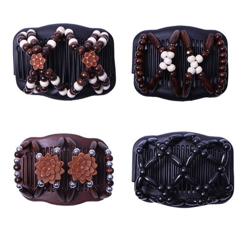 LOVEF Thick Hair Clip Magic Wood Beads Double Hair Comb Clip Stretch Combs for Hair Fashion Design Multi Butterfly Bun Maker for Popular Hairstyles Style 4pcs