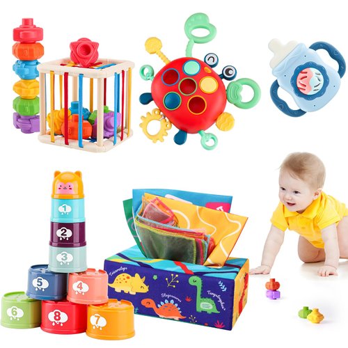5 in 1 Baby Toys 6 to 12 to 18 Months, Montessori Toys for 1 Year Old, Montessori Toys for Babies 6-12 Months, Sensory Toys for Babies, Baby Tissue Box, Stacking Cups, Shape Sorter Cube Sensory Toys