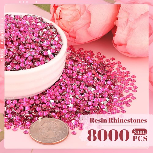 8000PCS 3mm Resin Rhinestones Bulk for Crafting (Hot Pink), Flatback Bedazzling Crystals for Crafts DIY Nail Decoration, Gems Charms for Tumbler Shoes Clothing Fabric with Pickup Pen and Tweezers