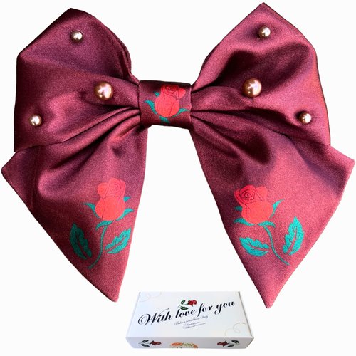 VIADALINNO Hair Clip Bow in a Box Pearls Roses for Women and Girls Silky Cute Coquette Teen Babygirl Little Barrette Hairbows Belle Cinderella Child Giftable Accessories Outfit (1, Reddish Brown)