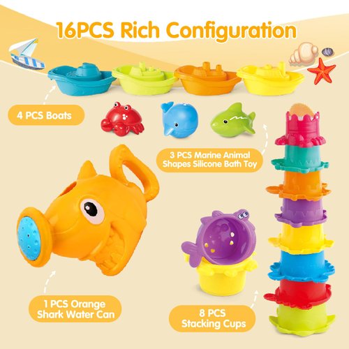 Water Table Toys for Toddlers 1-3, 16PCS Bath Toys for Babies 6-12 Months wtih Floating Boats, Stacking Cups, Shark Water Can & Marine Animal Silicone Toys, Pool Beach Toys Idea Gift for Boys Girls