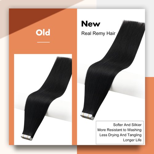 Full Shine Seamless Tape on Real Hair Extension Color 1 Jet Black Double Sided Tape in Hair Extensions Human Hair 12 Inch Short Hair Cut Layered Hair Style 30G 20Pcs Adhesive Tape ins Thick End