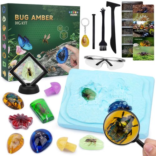 LSYDCARM Amber Dig Kit, Insects Specimens Excavation Kit, 6 Real Artificial Insects Resin & 2 Gemstones, Science Kits for Kids Age 6-8-12 Fossil Kits, STEM Educational Bugs Toys for Boys Girls