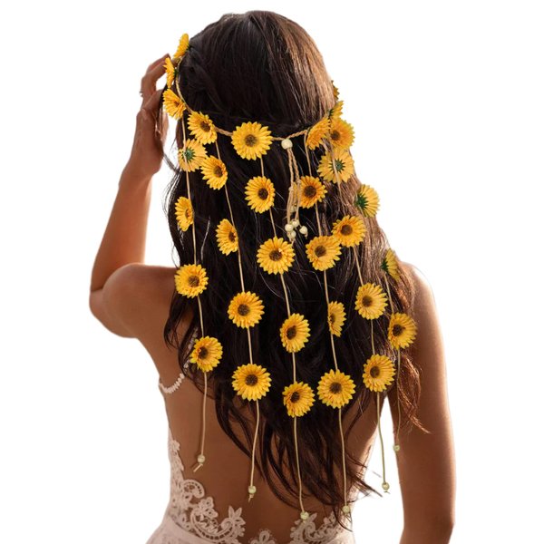 CHLINS Hippie Headband Flower Crown Bohemian Sunflower Headband Flower Headpiece Hippie Costume 60s 70s Outfits for Women (Yellow)