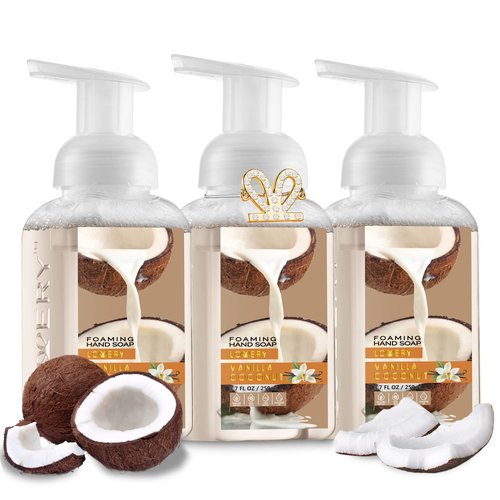 Valentines Foaming Hand Soap,3 Pack, Moisturizing Hand Soap with Aloe Vera & Essential Oils, Alcohol-Free Hand Wash in Vanilla Coconut Scent, Scented Hand Wash for Kitchen or Bathroom, Free Bracelet