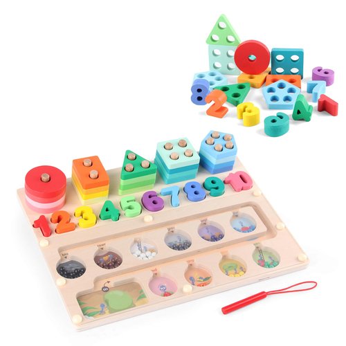 Autirinee 3 in 1 Montessori Toys for Toddlers, Magnetic Color and Number Maze, Wooden Puzzle Sorting Toys, Shape Sorter Counting Color Matching Toy, Preschool Education Learning Math Stacking for Kids