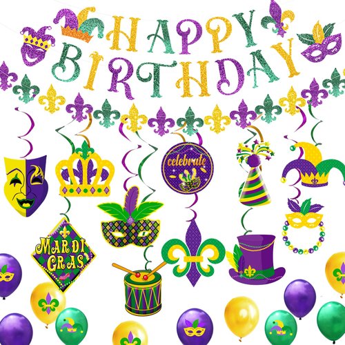 Nalyee Mardi Gras Birthday Decorations, Mardi Gras Birthday Banner Hanging Swirl Decorations for Mardi Gras Carnival Masquerade Birthday Party Supplies