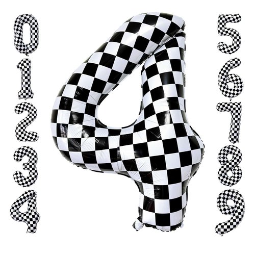 Checkered Number 4 Balloons 40 Inch Giant Race Car Checkered 4 Balloons for Racing Car Checkered ...