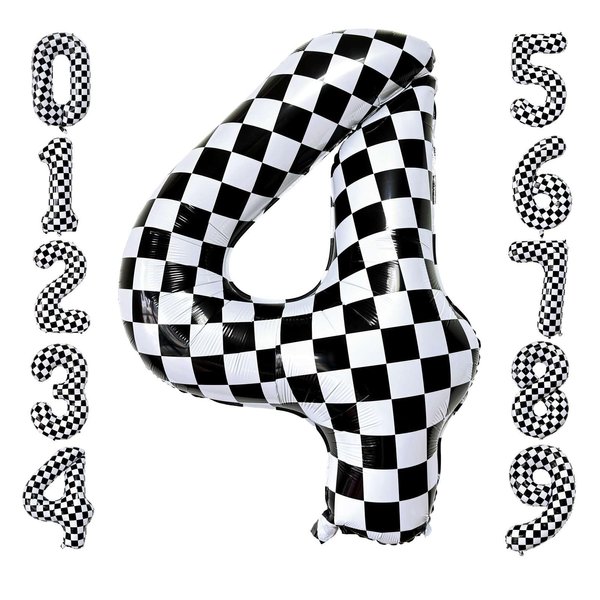 Checkered Number 4 Balloons 40 Inch Giant Race Car Checkered 4 Balloons for Racing Car Checkered 4th Birthday Party Supplies