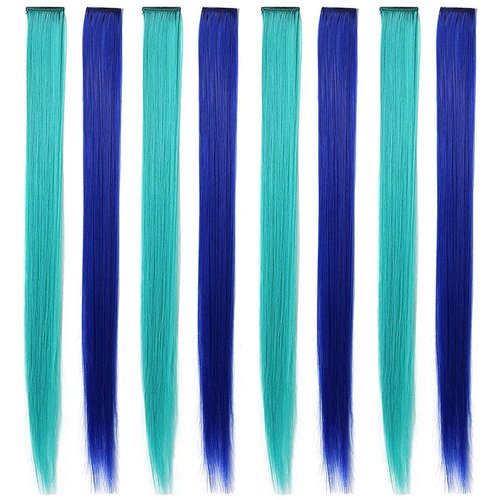 IAMERUI Multi-colors Party Highlights Straight Hair Colorful Clip in Synthetic Hair Extensions in Multiple Colors Heat Resistant Long Hairpiece 8PCS (Teal Blue)