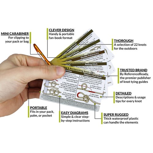 ReferenceReady Outdoor Knots - Waterproof Knot Tying Cards with Mini Carabiner - Includes 22 Rope Knots for Camping, Backpacking, & Scouting Scenarios