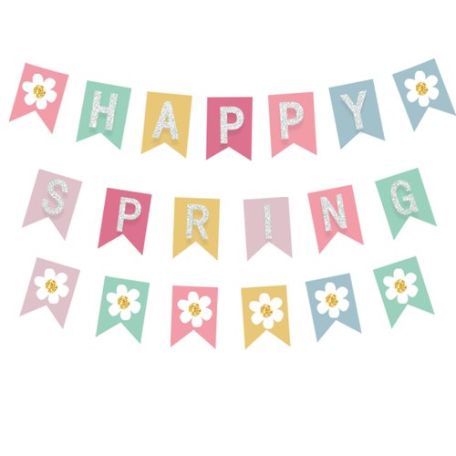 Happy Spring Banner Flower Banner Colorful Glittery Spring Flower Banner Garland Felt Decor Daisy Party Decorations Spring Flower Banner for the Home Indoor Outdoor Mantel Fireplace