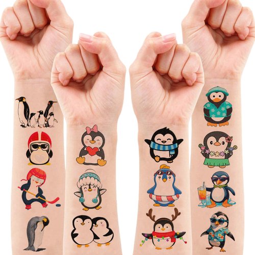 100 PCS Funny Christmas Winter Penguin Temporary Tattoos Sticker Animal Penguin Birthday Party Decorations Supplies Favors Gifts Girls Boys Baby Showers Prizes Cute Tattoo School Reward Themed Summer