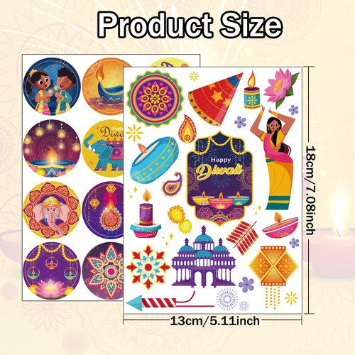 Qpout Happy Diwali Stickers for Kids,24 Sheets (436pcs in All) Indian Festival of Lights Party Themed Decals for Water Bottle Envelope Gift Box Art Craft Deepavali Party Decoration Supplies
