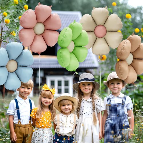 Deermon Matte Colorful Daisy Flower Balloons, 10 Pack Matt Groovy Daisy Floral Aluminum Foil Balloons For Birthday Baby Shower Wedding Retro Hippie Boho Girl Party Decoration Supplies