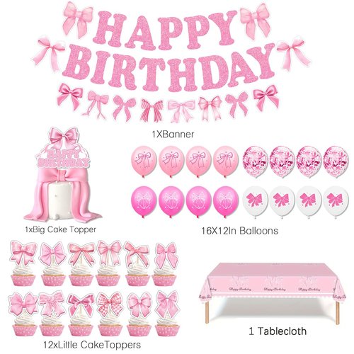Pink Bow Birthday Party Decorations, Girls Birthday Decorations, Includes Tablecover, Glitter Bow Happy Birthday Banner Garland, Latex Balloon, Cake Topper&Cupcake Topper for Bridal Bow Party Supplies