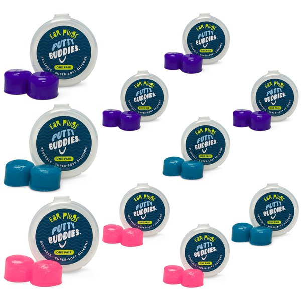 PUTTY BUDDIES Ear Plugs 10-Pair Pack - Soft Silicone Ear Plugs for Swimming & Bathing - Invented by ENT Physician - Block Water - Premium Swimming Earplugs - Doctor Recommended (Purple/Teal/Magenta)