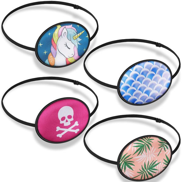 Silk Eye Patch for Adults Kids Adjustable Eye Patch 4 Pieces Lazy Eye Patches with Elastic Strap Single Right or Left Pirate Eye Patch Soft Silky Eyepatch with Unicorn Skull Leaves Wave Pattern
