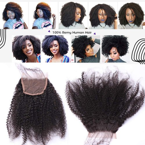 Afro Kinky Curly Lace Closure Human Hair 4"x4"Size Free Part Top Full Frontal Closure Piece with Baby Hair Remy Hair Extension 08"inch
