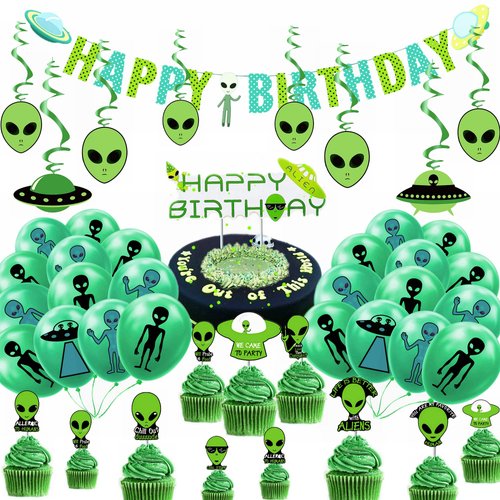 Pre-assembled 54pcs Alien Themed Birthday Party Decoration Kit Alien UFO Happy Birthday Banner Hanging Swirls Balloons Cupcake & Cake Toppers for Kids UFO FANS Birthdays Shower Party Supplies
