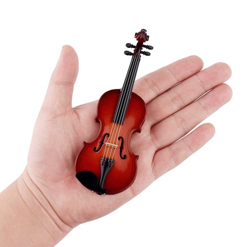Dselvgvu Wooden Miniature Violin with Stand, Bow and Case Mini Musical Instrument Replica Dollhouse Accessories Model Home Decoration (5.63"x2.05"x0.75")